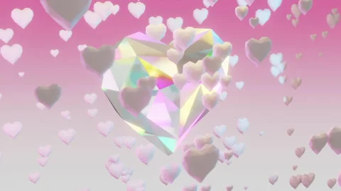 Close Up rotating crystal loop heart and many small flying hearts. Stock Footage 169047413