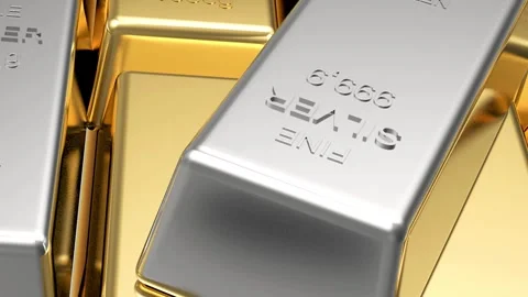 Close-up of rotating gold and silver bars in 3D render Vídeos de archivo 338226895