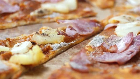 Close up of rotating pizza. chef cooking pizza. hot juicy pizza closeup Stock Footage 149576606