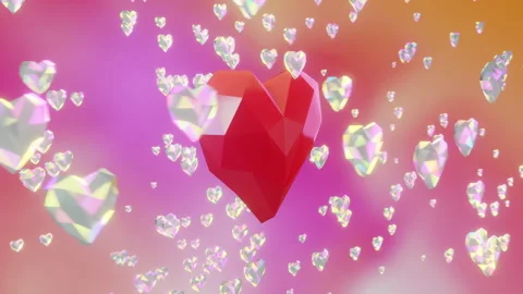 Close Up rotating red loop heart and many small flying crystal hearts. Stock Footage 169173286