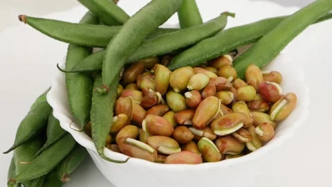 Close rotating shot of green beans and beans seeds in a white plate Video stock 159638731