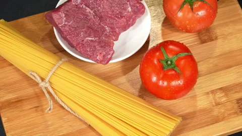 Close-Up Rotating Spaghetti Bolognese Ingredients Stock-Footage 345771906