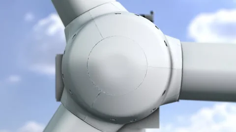 Close-up of Rotor of 3D Rendered Wind Turbine Spinning on Blue Sky Background Stock Footage 333120243