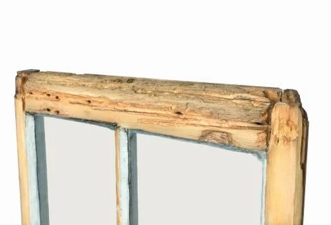 Close up of rotten sash window frame against white background Stock Photos