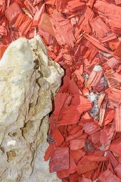 Close-up of rough beige stone placed beside red wood mulch chips used as de.. Foto stock