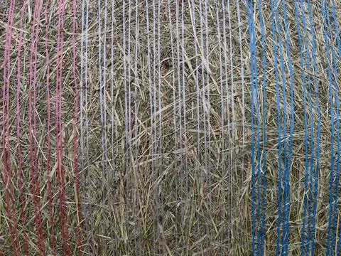 Close-up of round hay bale wrapped with colored twine Stock Photos