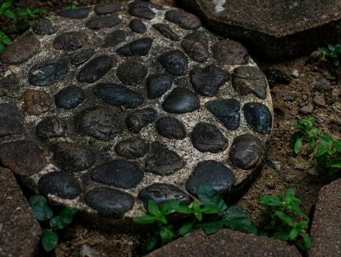Close-Up of Round Stepping Stone Made of Embedded River Pebbles Stock Photos