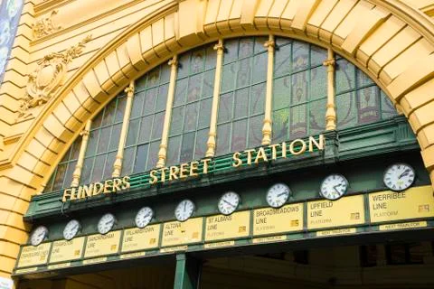 Close-up of the row of clocks above the main entrance of Flinders Street Rail Stock Photos