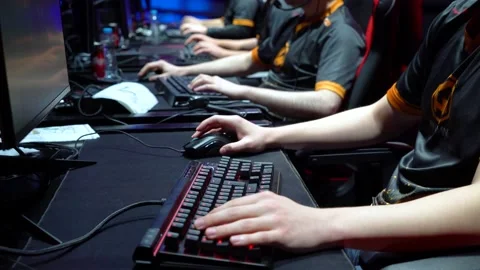 Close-Up On Row Of Gamer's Hands On A Keyboard, Actively Pushing Buttons. Stock Footage 147384422