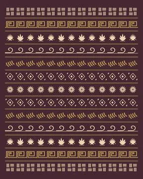 Close-up rows of Greek key geometry, stylized lotus forms, and linear symbo.. Illustrazione stock
