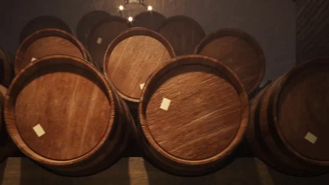 Close-up Of Rows Wine Barrels Stock Footage 73233536