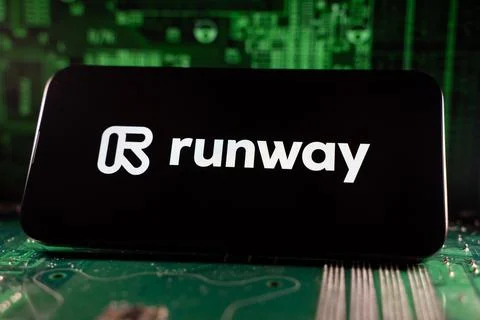 Close up of Runway logo on smartphone screen with motherboard background. Stock Photos
