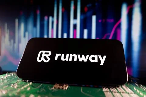 Close up of Runway logo on smartphone screen with financial chart background. Stock Photos