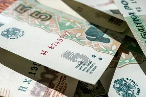 Close-up of Russian banknotes. Denomination of five rubles. Stock Photos