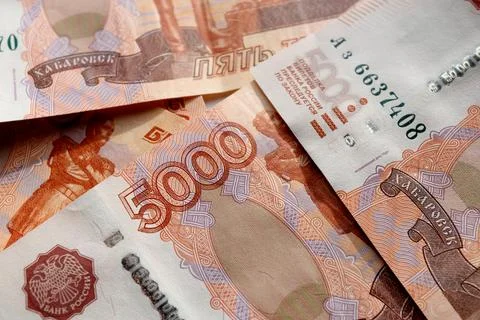 Close-up of Russian banknotes. Five thousand bill Stock Photos