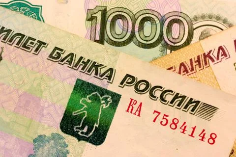Close up Russian currency note, Ruble or RUB Stock Photos