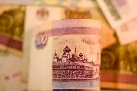 Close up Russian currency note, Ruble or RUB Stock Photos