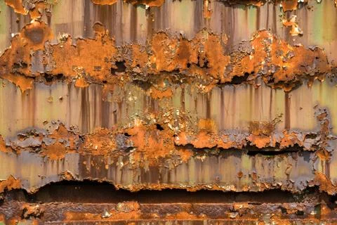 Close up of rust damage on the wall of a wagon train,showcasing the gradual Foto stock