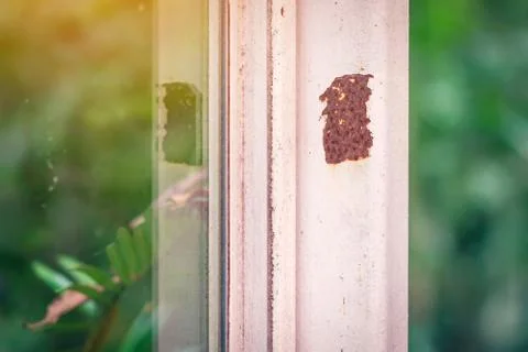 Close up of rust on an old white iron window with a blurred background Stock Photos