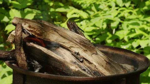 Close-up of a rustic campfire burning brightly in a metal fire pit outdoors 動画素材 342376247