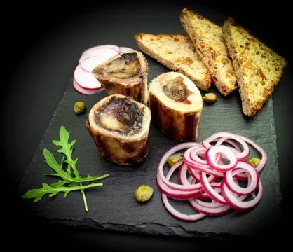 Close up of rustic english bone marrow toast Stock-Fotos