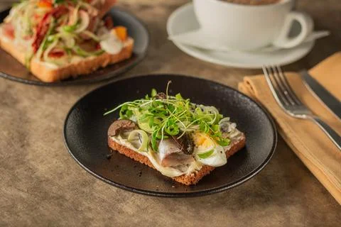 A close-up of a rustic toast topped with herring, boiled egg, greens Stock Photos