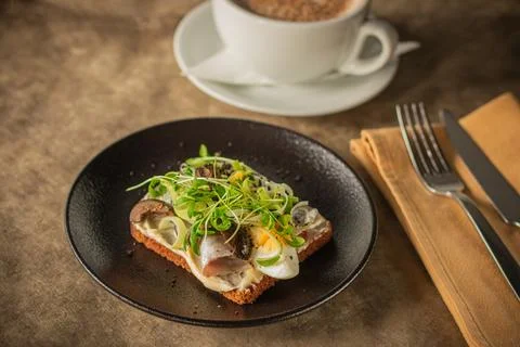 Close-up of a rustic toast topped with herring, boiled egg, greens Foto stock