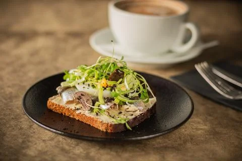 Close-up of a rustic toast topped with herring, boiled egg, greens Stock Photos