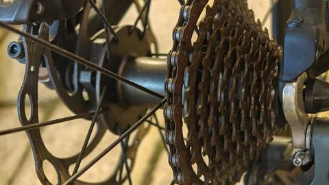 Close-up of a Rusty Bicycle Chain and Rear Cassette Gears Stock Photos