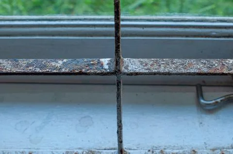 Close Up of Rusty Metal Window Grille with Green Nature Background Stock Photos