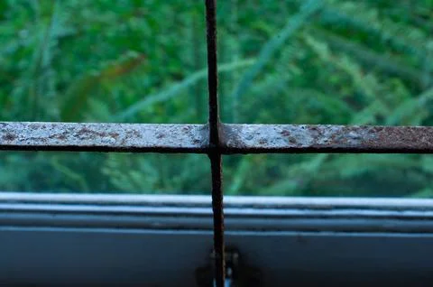 Close Up of Rusty Metal Window Grille with Green Nature Background Stock Photos