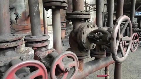 Close-up of rusty shut-off valves and pipelines Stock Footage 312152794