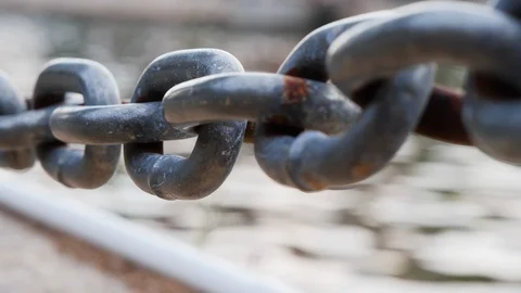 Close up of rusty steel chain next to river in day time, Malacca, Malaysia Stock Footage 146561610