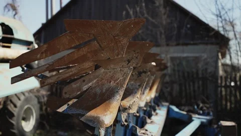 Close-up of rusty tractor plows for plowing the land.  Stock Footage 307838167