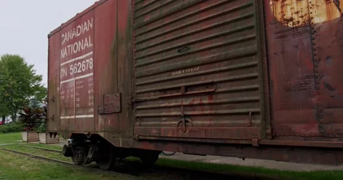 Close up of rusty train on tracks in Wolfville, NS Stock Footage 205540648