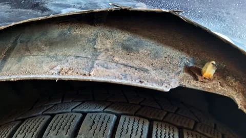 Close-up of a rusty wheel arch and tire showing corrosion on a damaged old car Stock Footage 336721605