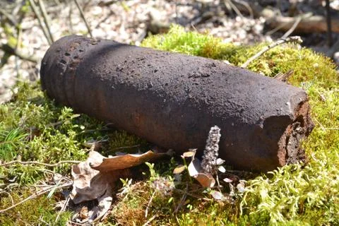 Close up of rusty whizzbang high explosive of the Second World War in forest Stock Photos