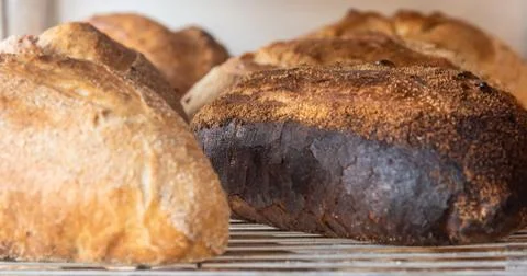 Close up rye bread on a cooling rack Foto stock