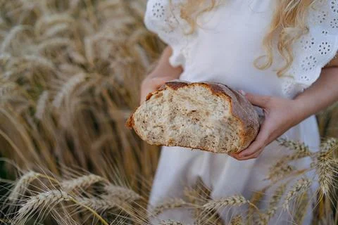 Close-up of rye bread in the hands of a blonde girl in a field of rye Foto stock