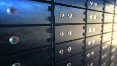 Close up of safe deposit boxes in a bank vault room, seamless loop Stock Footage 105650646