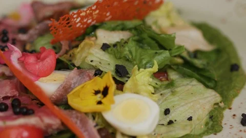 Close up salad with meat eggs vegetable preparing indoors cook delicious eating Stock Footage 103290576