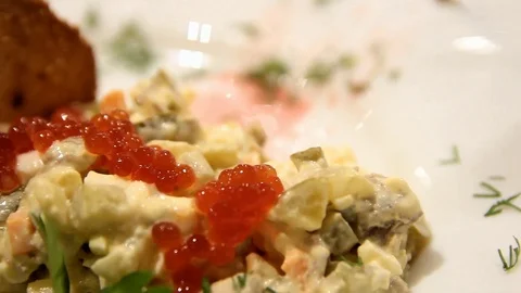 Close salad plan with red caviar Stock Footage 123624044