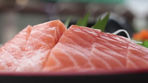 Close up Salmon sashimi with blur background. Stock Footage 157394304
