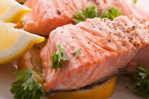 Close up of salmon steak Stock Photos