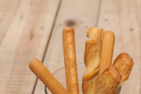Close up of salted bread stick on sack Stock Photos