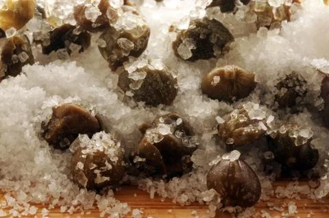 Close up on salted capers. Stock Photos