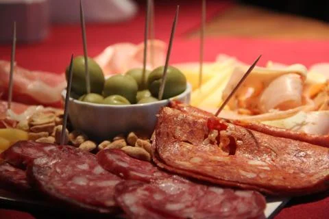 Close up of salty snack variations on table Stock Photos