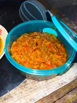 Close-up of Sambal in a Plastic Container Stock-Fotos