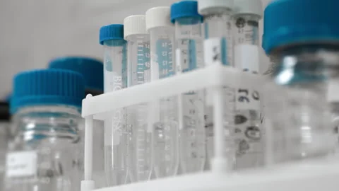 Close-up of sample tubes on a rack. Medical test tubes. Stock Footage 294160741