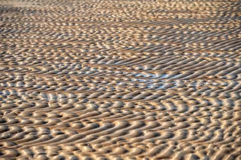 Close up of sand pattern on beach in summer with shallow depth of field Stock Photos
